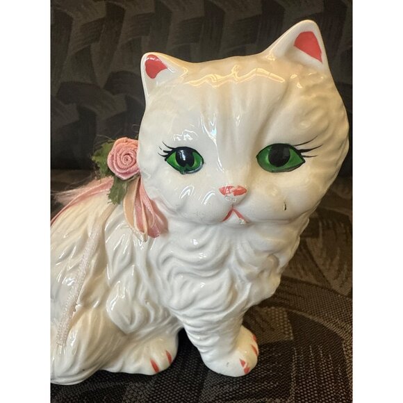 VTG Ceramic White Cat Figurine With Pink Floral Bow & Green Eyes - Picture 6 of 6